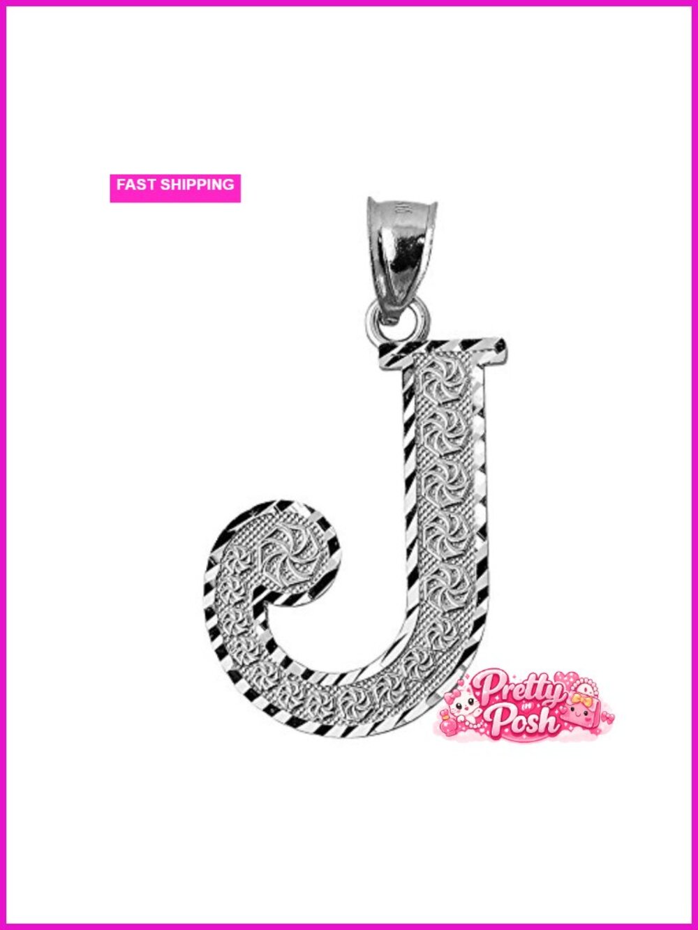 Sterling Silver Initial Letter J Charm Pendant 1.25"